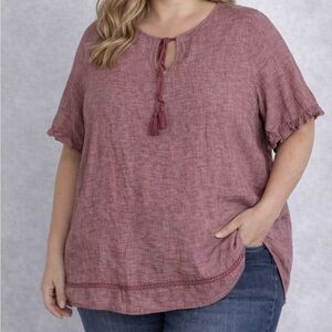 Tahari | Linen Boho Red Bell Short Sleeve Tunic Top  Tassel Tie 1X Vacation